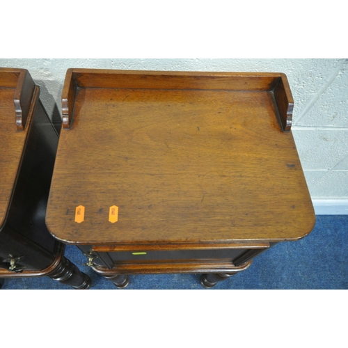 243 - AN OPPOSING PAIR OF VICTORIAN MAHOGANY BEDSIDE CABINETS, with raised back and sides, the single door... 