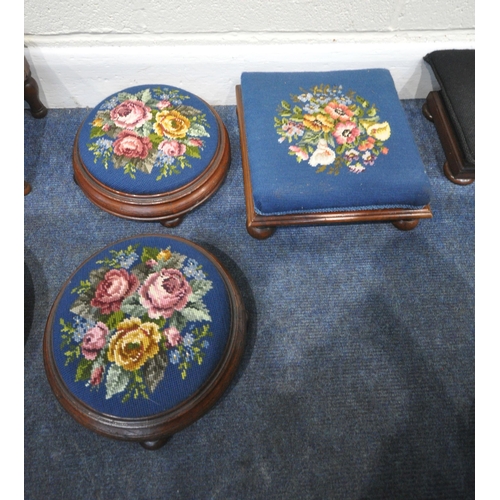 252 - EIGHT SMALL STOOLS, all with needlework upholstery, varying in shape size, colour, design, etc, cond... 