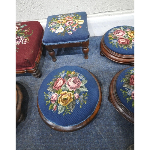 252 - EIGHT SMALL STOOLS, all with needlework upholstery, varying in shape size, colour, design, etc, cond... 