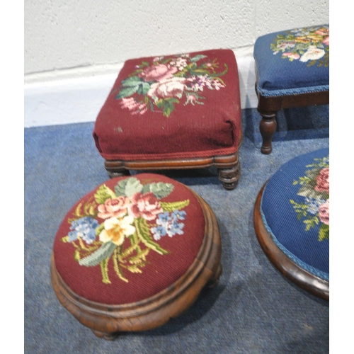 252 - EIGHT SMALL STOOLS, all with needlework upholstery, varying in shape size, colour, design, etc, cond... 