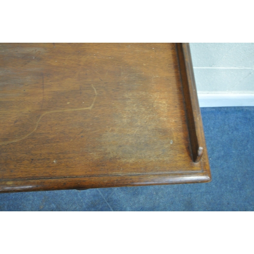 253 - A 19TH CENTURY MAHOGANY SIDE TABLE, with raised back and sides, two frieze drawers, raised on turned... 