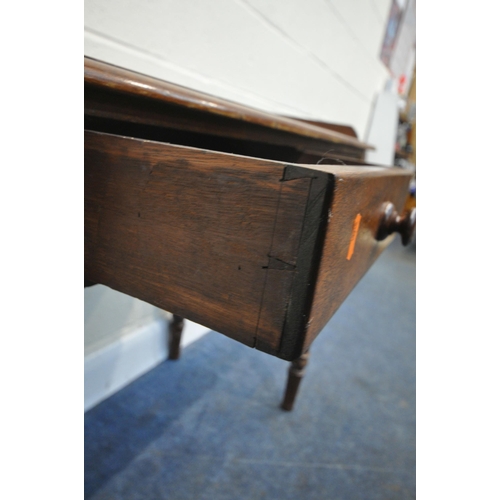 253 - A 19TH CENTURY MAHOGANY SIDE TABLE, with raised back and sides, two frieze drawers, raised on turned... 