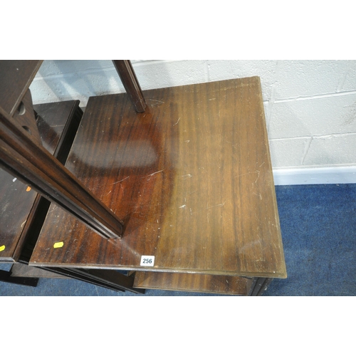 256 - A PAIR OF 20TH CENTURY MAHOGANY TWO TIER SIDE TABLES, 62cm squared x height 78cm, along with a match... 