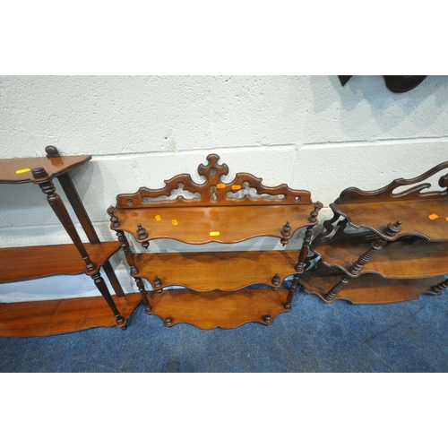 257 - FIVE 20TH CENTURY WALL HANGING SHELVES, all varying in shape, size, style, etc, condition report: al... 