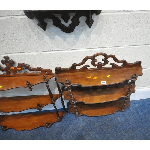 257 - FIVE 20TH CENTURY WALL HANGING SHELVES, all varying in shape, size, style, etc, condition report: al... 