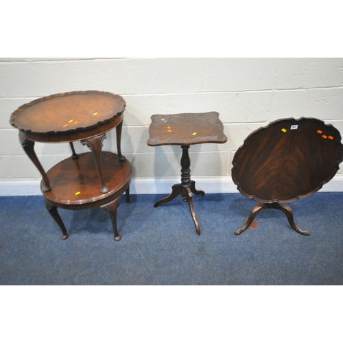 261 - A 20TH CENTURY MAHOGANY TILT TOP TRIPOD TABLE, with wavy edges, diameter 61cm x height 51cm, another... 