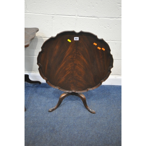 261 - A 20TH CENTURY MAHOGANY TILT TOP TRIPOD TABLE, with wavy edges, diameter 61cm x height 51cm, another... 