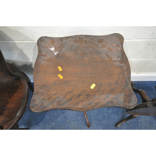 261 - A 20TH CENTURY MAHOGANY TILT TOP TRIPOD TABLE, with wavy edges, diameter 61cm x height 51cm, another... 