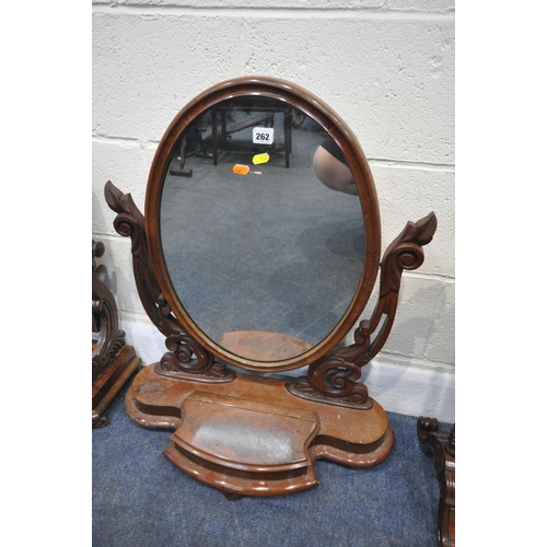 262 - A VICTORIAN MAHOGANY DRESSING MIRROR, with scrolled and foliate supports, and a lid to the base, wid... 