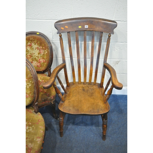 265 - A 19TH CENTURY ELM WINDSOR ARMCHAIR, width 67cm x depth 70cm x height 111cm, a pair of rosewood spoo... 