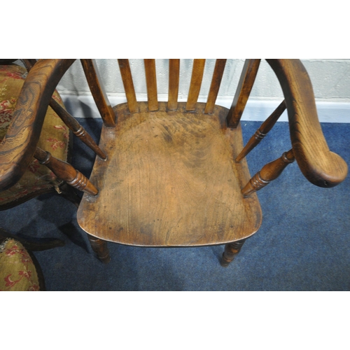 265 - A 19TH CENTURY ELM WINDSOR ARMCHAIR, width 67cm x depth 70cm x height 111cm, a pair of rosewood spoo... 