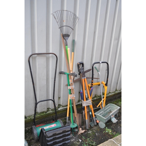 10 - A SELECTION OF GARDEN HAND TOOLS, including spades, shovels, etc, a Qualcast panther 30 push cylinde... 