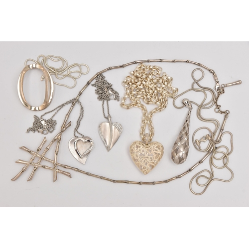 489 - A SELECTION OF SILVER AND WHITE METAL PENDANT NECKLACES, to include a white metal articulated bamboo... 