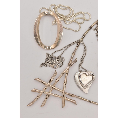 489 - A SELECTION OF SILVER AND WHITE METAL PENDANT NECKLACES, to include a white metal articulated bamboo... 