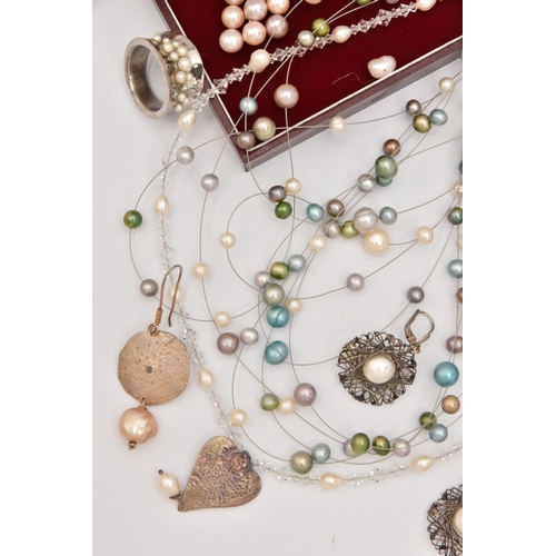 492 - AN ASSORTMENT OF FRESH WATER PEARL JEWELLERY, assorted necklaces, a ring and bracelet, some with whi... 