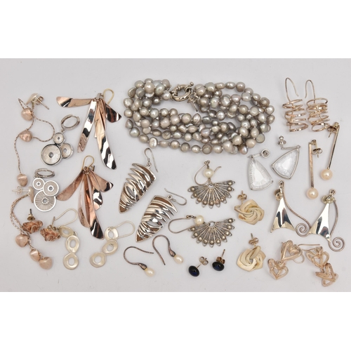 502 - AN ASSORTMENT OF WHITE METAL EARRINGS AND A BRACELET, to include a pair of white metal drop earrings... 