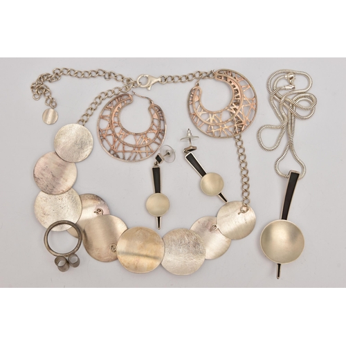 503 - AN ASSORTMENT OF WHITE METAL JEWELLERY, to include a white metal abstract design necklace and earrin... 