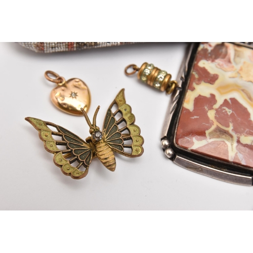 509 - A BAG OF ASSORTED ITEMS, to include an AF 9ct gold heart pendant, with a small star set single cut d... 