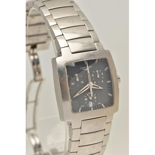 515 - A GENTS LONGINES OPOSITION CHRONOGRAPH WRISTWTACH, grey square dial signed 'Longines', baton markers... 