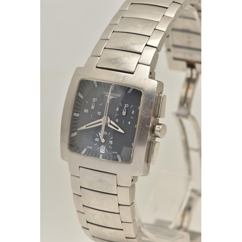 515 - A GENTS LONGINES OPOSITION CHRONOGRAPH WRISTWTACH, grey square dial signed 'Longines', baton markers... 