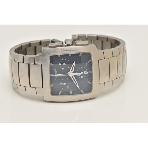 515 - A GENTS LONGINES OPOSITION CHRONOGRAPH WRISTWTACH, grey square dial signed 'Longines', baton markers... 