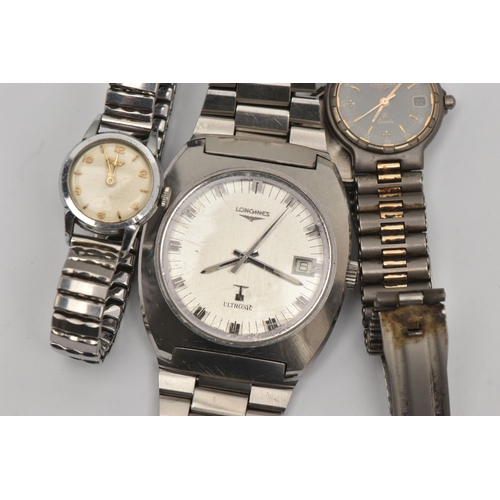 516 - THREE WRISTWATCHES, to include a gents 'Longines, Ultronic' stainless steel wristwatch, round silver... 