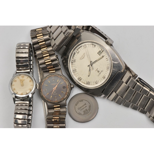 516 - THREE WRISTWATCHES, to include a gents 'Longines, Ultronic' stainless steel wristwatch, round silver... 