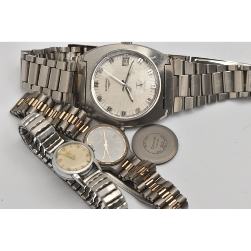 516 - THREE WRISTWATCHES, to include a gents 'Longines, Ultronic' stainless steel wristwatch, round silver... 