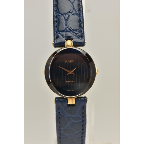 517 - A 'RADO' LADIES WRISTWATCH, quartz movement, round blue dial signed 'Rado' 'Florence', approximate c... 