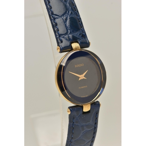 517 - A 'RADO' LADIES WRISTWATCH, quartz movement, round blue dial signed 'Rado' 'Florence', approximate c... 