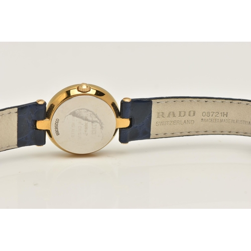 517 - A 'RADO' LADIES WRISTWATCH, quartz movement, round blue dial signed 'Rado' 'Florence', approximate c... 