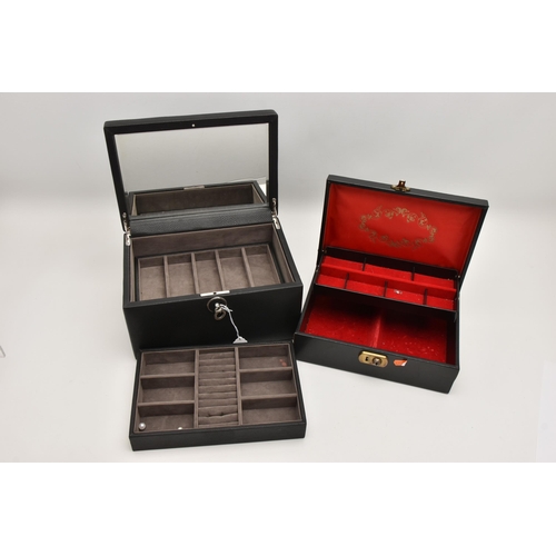 526 - TWO JEWELLERY CASES, the first a rectangular form box with gold detailing to the hinged lid, the sec... 