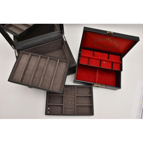 526 - TWO JEWELLERY CASES, the first a rectangular form box with gold detailing to the hinged lid, the sec... 