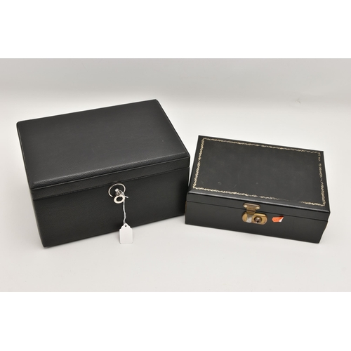 526 - TWO JEWELLERY CASES, the first a rectangular form box with gold detailing to the hinged lid, the sec... 