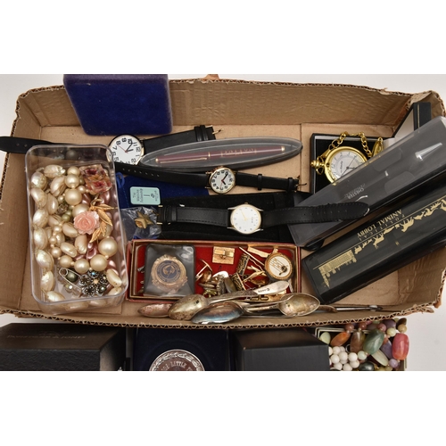 529 - A BOX OF ASSORTED ITEMS, to include two fiddle pattern silver spoons, hallmarked London, approximate... 