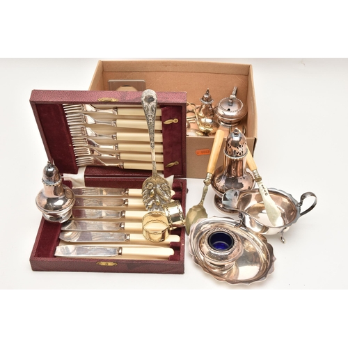 535 - A BOX OF ASSORTED ITEMS, to include a single silver pepperette, polished design with wavy rim and pi... 