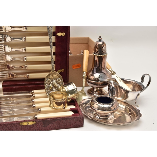 535 - A BOX OF ASSORTED ITEMS, to include a single silver pepperette, polished design with wavy rim and pi... 