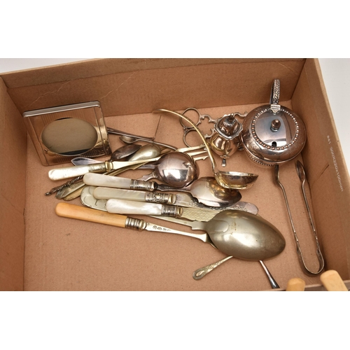 535 - A BOX OF ASSORTED ITEMS, to include a single silver pepperette, polished design with wavy rim and pi... 