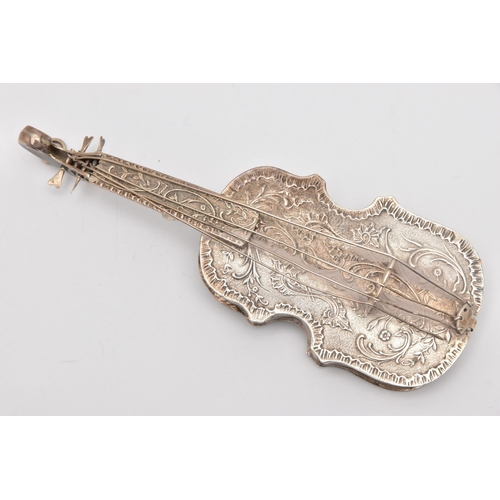 544 - A LATE VICTORIAN SILVER VIOLIN, AF one string is loose from mount, decorated with scrolling foliate ... 