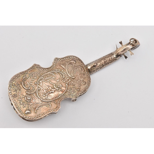 544 - A LATE VICTORIAN SILVER VIOLIN, AF one string is loose from mount, decorated with scrolling foliate ... 