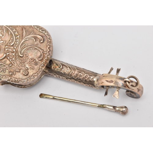 544 - A LATE VICTORIAN SILVER VIOLIN, AF one string is loose from mount, decorated with scrolling foliate ... 