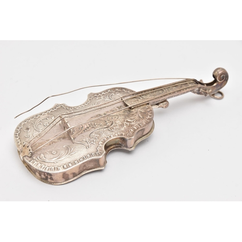 544 - A LATE VICTORIAN SILVER VIOLIN, AF one string is loose from mount, decorated with scrolling foliate ... 