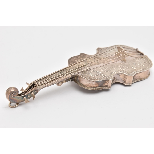 544 - A LATE VICTORIAN SILVER VIOLIN, AF one string is loose from mount, decorated with scrolling foliate ... 