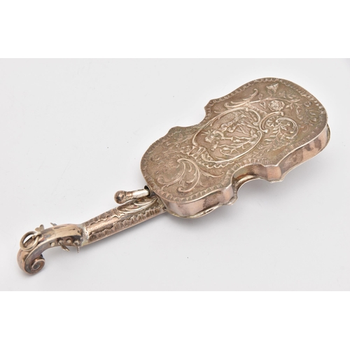 544 - A LATE VICTORIAN SILVER VIOLIN, AF one string is loose from mount, decorated with scrolling foliate ... 