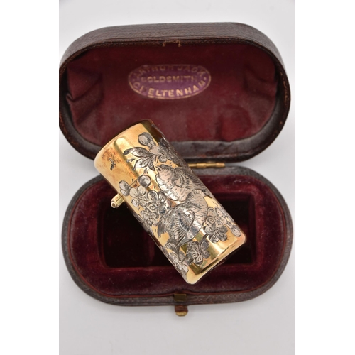 546 - A LATE VICTORIAN 'SAMPSON MORDAN & CO' SILVER GILT SCENT BOTTLE WITH FITTED CASE, decorated with sil... 