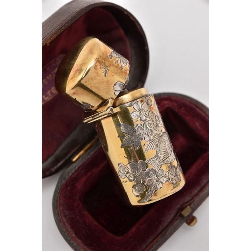 546 - A LATE VICTORIAN 'SAMPSON MORDAN & CO' SILVER GILT SCENT BOTTLE WITH FITTED CASE, decorated with sil... 