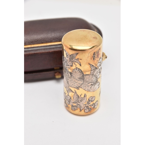 546 - A LATE VICTORIAN 'SAMPSON MORDAN & CO' SILVER GILT SCENT BOTTLE WITH FITTED CASE, decorated with sil... 