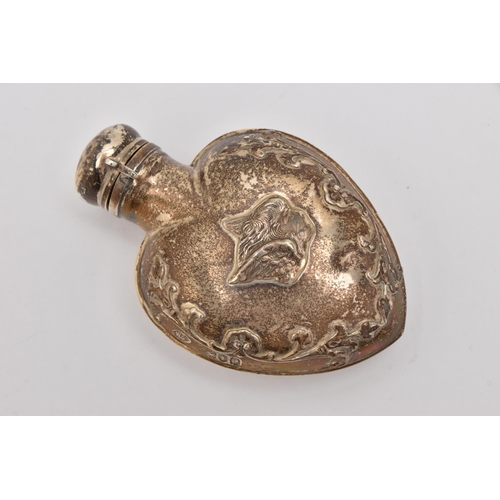 548 - AN EARLY 20TH CENTURY SILVER SCENT BOTTLE, in the form of a heart embossed with a cherub and floral ... 