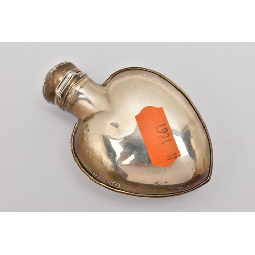 548 - AN EARLY 20TH CENTURY SILVER SCENT BOTTLE, in the form of a heart embossed with a cherub and floral ... 