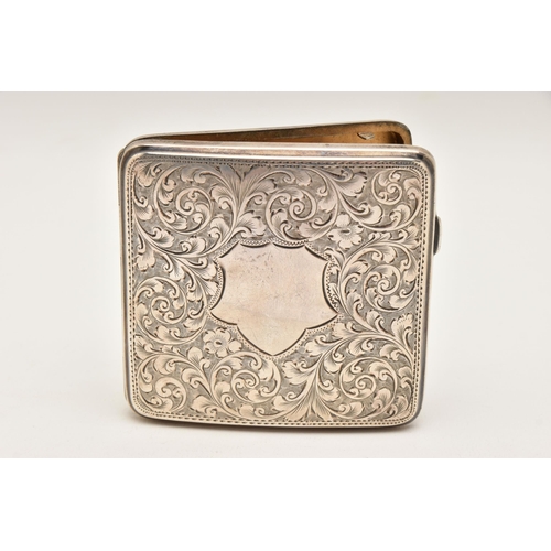 550 - A SILVER CIGARETTE CASE, square form case with etched scrolling acanthus detail and vacant shield ca... 